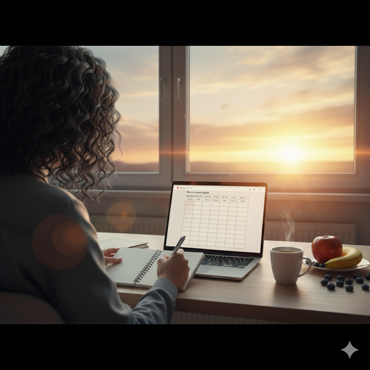 Kobieta siedząca przy biurku z laptopem i owocami, pisząca w notatniku – powitanie na nowym blogu o zdrowym odżywianiu Shape Your Plate.